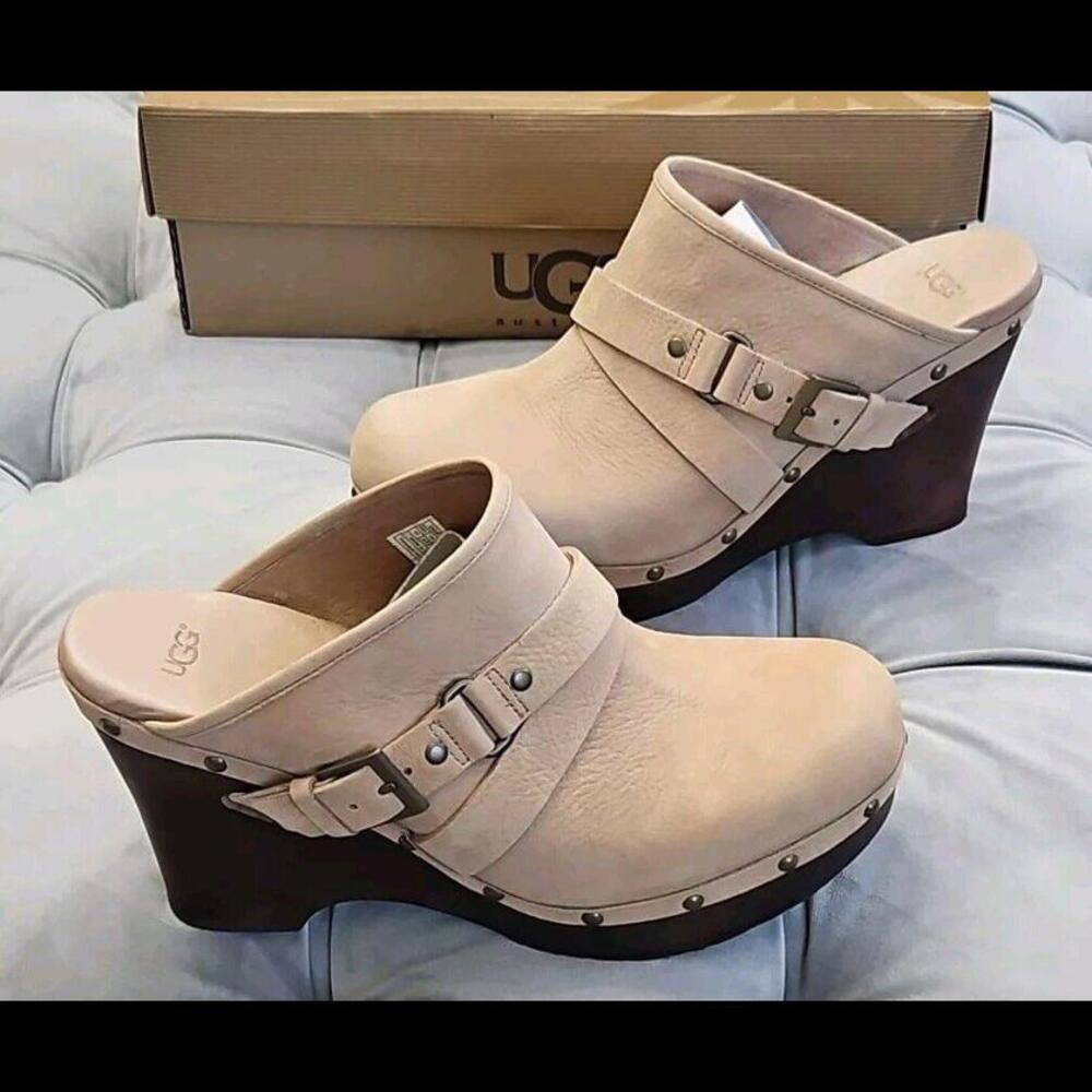 UGG Natalee Beige Leather Buckle Slip On Studded Platform Mules Womens Shoes 11 - Picture 8 of 15